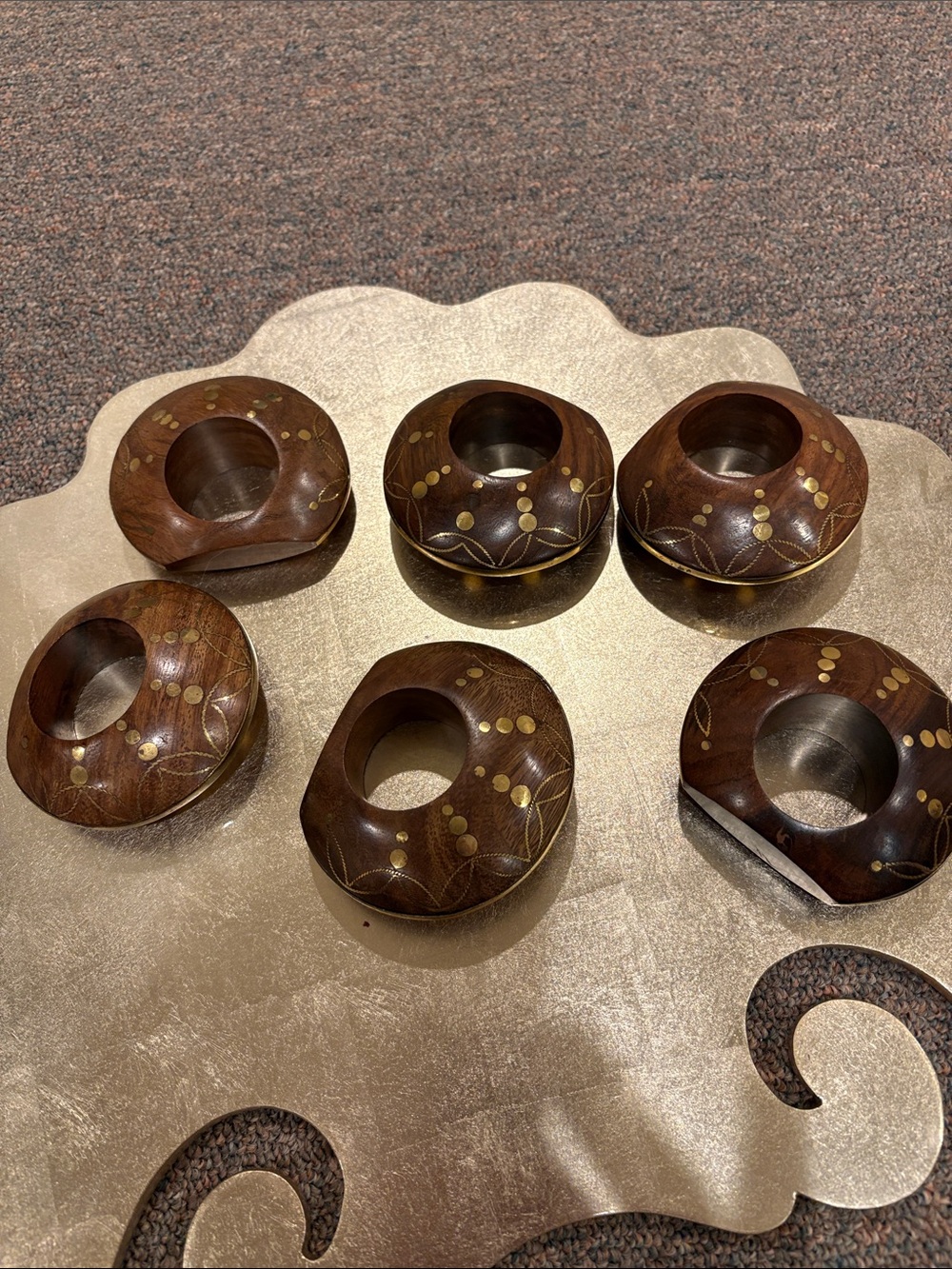 Kim Seybert Dark Brown Wooden Napkin Rings with Gold Accents - Set of 6